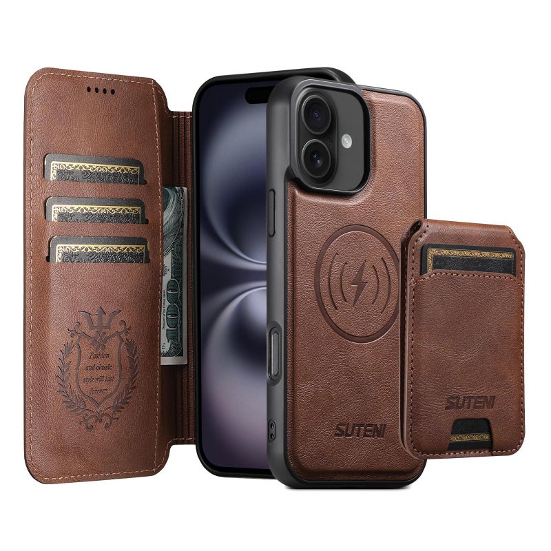 سوتين جراب هاتف جلدي 3 في 1 قابل للفصل مع محفظة ماج سيف لهاتف آيفون 16 Q05S2 (بني) - Image 1