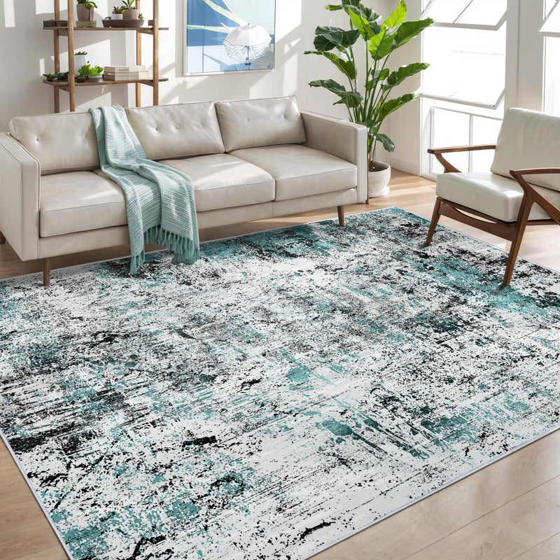 Ciicool Modern Abstract Rug for Living Room, 5'x7' Machine Washable Area Rug Teal Black Non-Slip Accent Rug, Low-Pile Contemporary Indoor Dining Floor Carpet for Bedroom Office Under Table Home Decor - Image 1