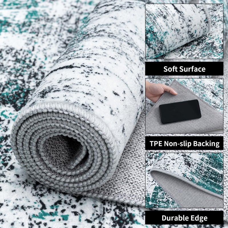 Ciicool Modern Abstract Rug for Living Room, 5'x7' Machine Washable Area Rug Teal Black Non-Slip Accent Rug, Low-Pile Contemporary Indoor Dining Floor Carpet for Bedroom Office Under Table Home Decor - Image 3