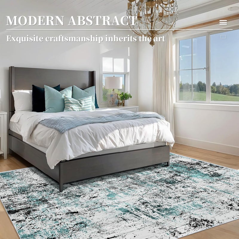 Ciicool Modern Abstract Rug for Living Room, 5'x7' Machine Washable Area Rug Teal Black Non-Slip Accent Rug, Low-Pile Contemporary Indoor Dining Floor Carpet for Bedroom Office Under Table Home Decor - Image 2