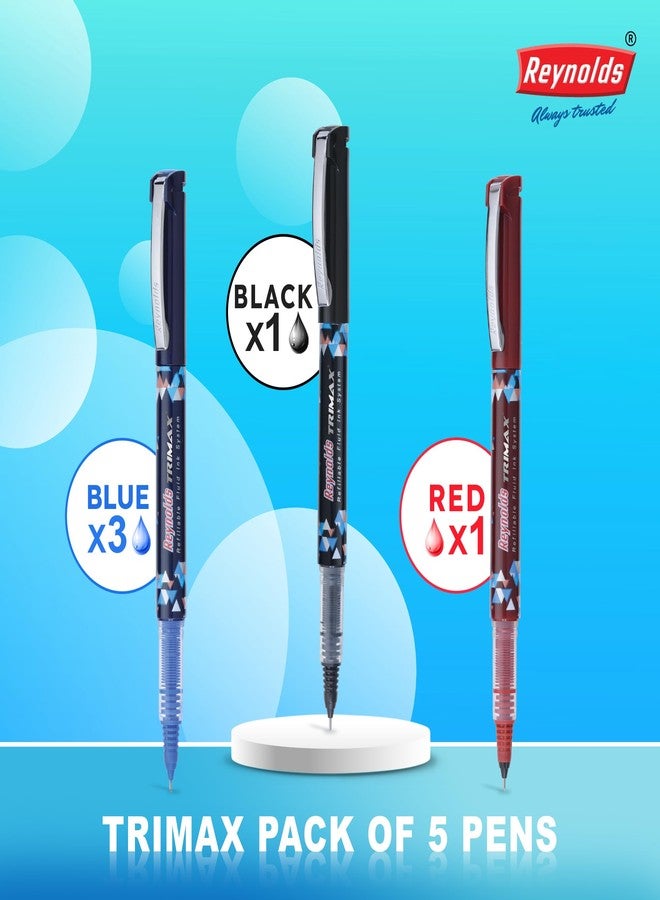 Reynolds TRIMAX RollerBall Pen SET - 5 PENS (3 BLUE 1 BLACK 1 RED)| ROLLER BALL PEN FOR WRITING | PEN FOR STUDENTS & OFFICE STATIONERY | 0.5 mm TIP SIZE - Image 4