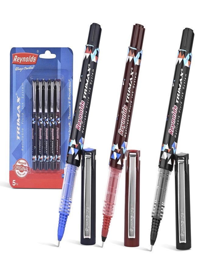 Reynolds TRIMAX RollerBall Pen SET - 5 PENS (3 BLUE 1 BLACK 1 RED)| ROLLER BALL PEN FOR WRITING | PEN FOR STUDENTS & OFFICE STATIONERY | 0.5 mm TIP SIZE - Image 1