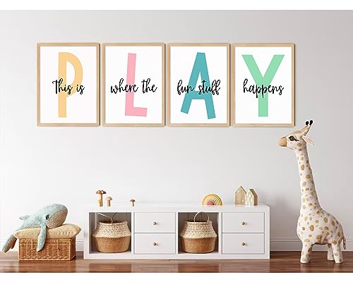 Baccone Kids Playroom Wall Art Playroom Wall Decor Kids Play Canvas Wall Art Play Sign Pictures Toddler Playroom Art Prints Nursery Children Artwork for Room Bedroom Set of 4 8x10 Inch Unframed - Image 4