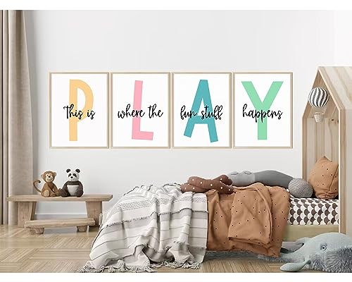 Baccone Kids Playroom Wall Art Playroom Wall Decor Kids Play Canvas Wall Art Play Sign Pictures Toddler Playroom Art Prints Nursery Children Artwork for Room Bedroom Set of 4 8x10 Inch Unframed - Image 5