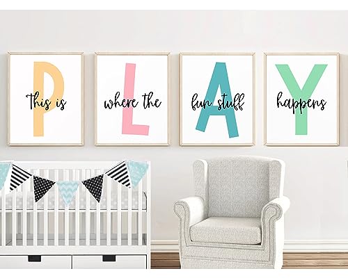 Baccone Kids Playroom Wall Art Playroom Wall Decor Kids Play Canvas Wall Art Play Sign Pictures Toddler Playroom Art Prints Nursery Children Artwork for Room Bedroom Set of 4 8x10 Inch Unframed - Image 3