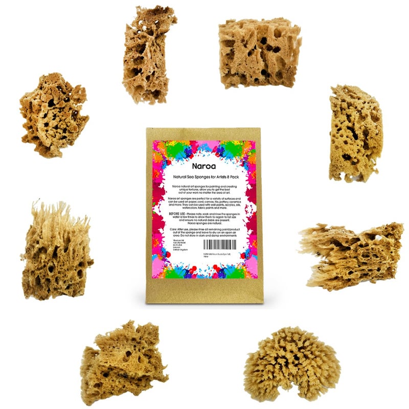 NAROA Artist Natural Sea Sponges for Painting 8 Pack Unbleached Unique Art Tool Set Suitable for Acrylic Watercolor Marbling Texturing Pottery Ceramics