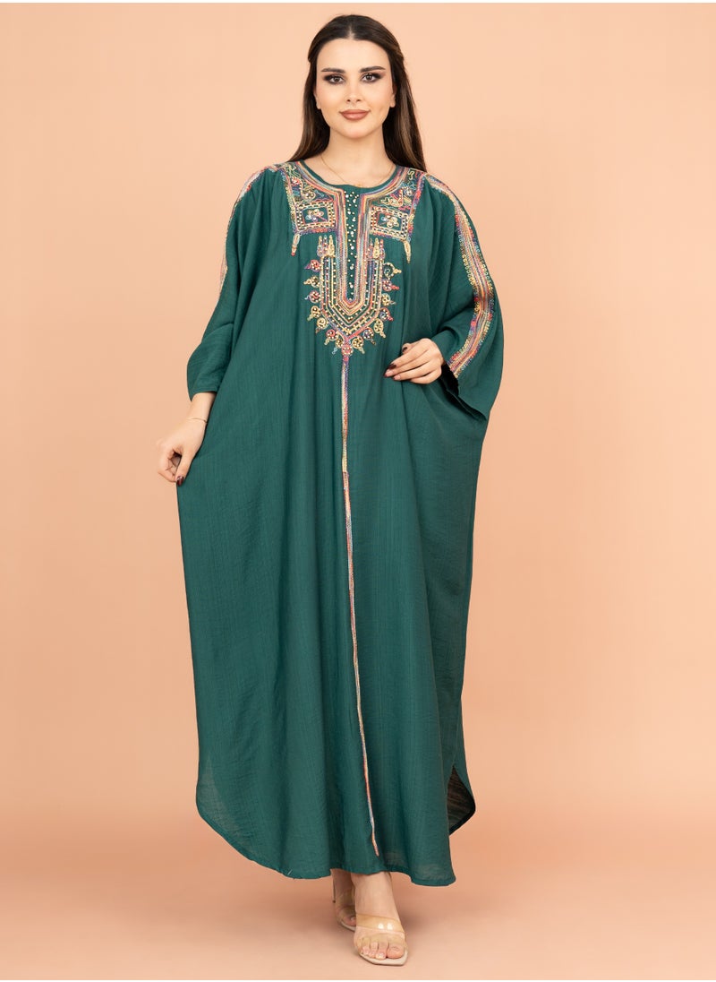 اكسا جلابية مقاس واحد مع تطريز دقيق IK4005 اخضر  - Image 1