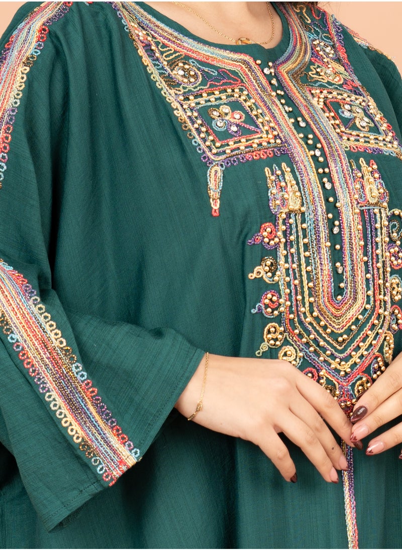 اكسا جلابية مقاس واحد مع تطريز دقيق IK4005 اخضر  - Image 2