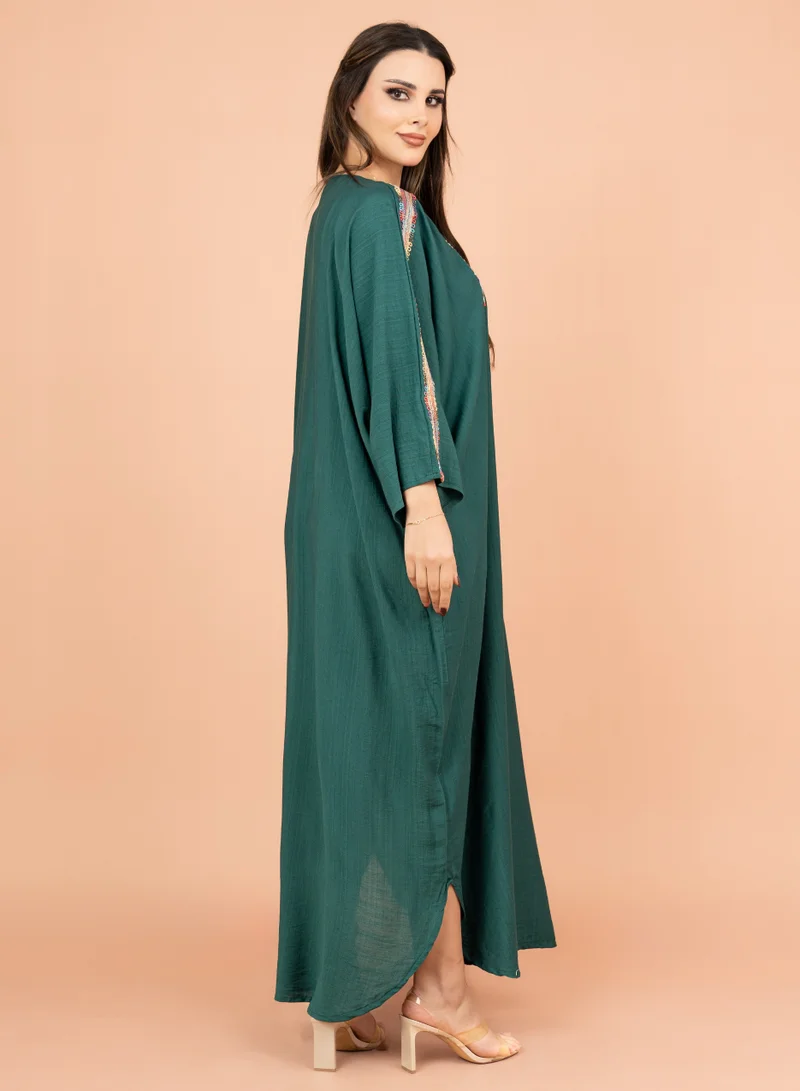 IKKXA FreeSize Solid Jalabiya with Intricate Embroidery IK4005 Green