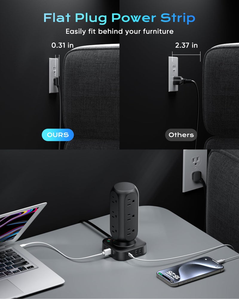 TenTrend Flat Plug Power Strip Tower, TenTrend Dual PD 20W USB-C Surge Protector with 12 AC Outlets & 8 USB Ports (4 USB C), 40W Total Fast Charging Station, 10FT Extension Cord for Desk Office Dorm Room - Image 4