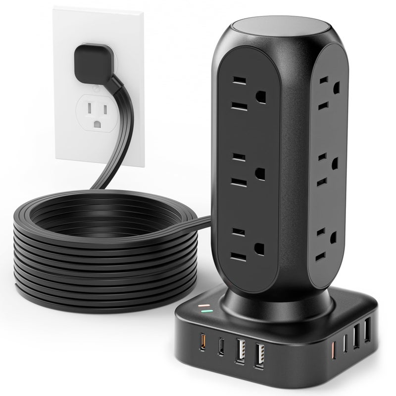 TenTrend Flat Plug Power Strip Tower, TenTrend Dual PD 20W USB-C Surge Protector with 12 AC Outlets & 8 USB Ports (4 USB C), 40W Total Fast Charging Station, 10FT Extension Cord for Desk Office Dorm Room - Image 1