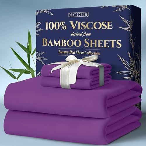 DECOLURE 100 Viscose Derived from Bamboo Sheets King Size 4pcs Ultra Soft Luxuriously Cooling 17 Deep Pocket Double Stitching Perfect for Hot Sleepers King Bed Sheets Purple