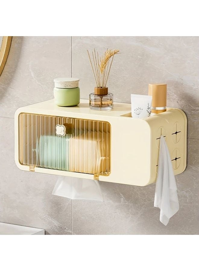 صندوق مناديل كريمي مثبت على الحائط حامل مناشف متعدد الوظائف بدون حفر تخزين الحمام - Image 5