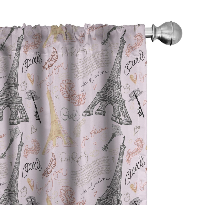 Ambesonne Paris 2 Panel Curtain Set  Eiffel Tower Sketch with Hand Lettering City Name Keys Quill Love Capital  Lightweight Window Treatment Living Room Bedroom Decor  Pair of - 28"" x 95""  Pastel Pink - Image 1