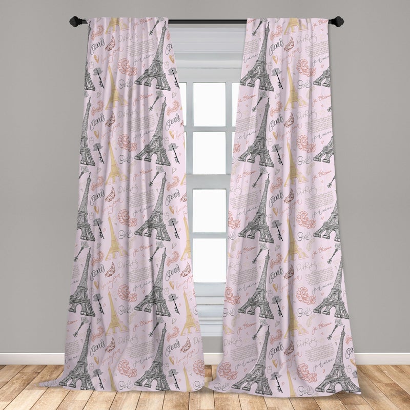 Ambesonne Paris 2 Panel Curtain Set  Eiffel Tower Sketch with Hand Lettering City Name Keys Quill Love Capital  Lightweight Window Treatment Living Room Bedroom Decor  Pair of - 28"" x 95""  Pastel Pink - Image 3