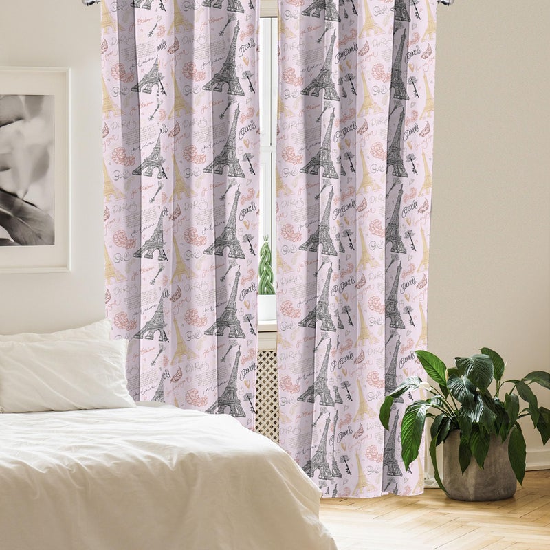 Ambesonne Paris 2 Panel Curtain Set  Eiffel Tower Sketch with Hand Lettering City Name Keys Quill Love Capital  Lightweight Window Treatment Living Room Bedroom Decor  Pair of - 28"" x 95""  Pastel Pink - Image 4