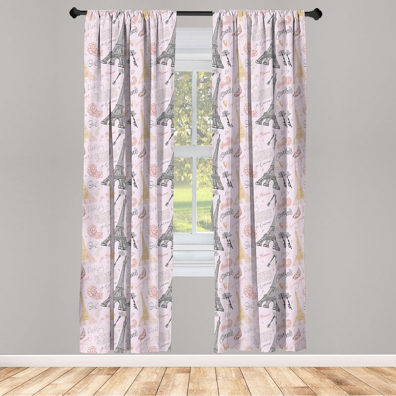 Ambesonne Paris 2 Panel Curtain Set  Eiffel Tower Sketch with Hand Lettering City Name Keys Quill Love Capital  Lightweight Window Treatment Living Room Bedroom Decor  Pair of - 28"" x 95""  Pastel Pink - Image 2