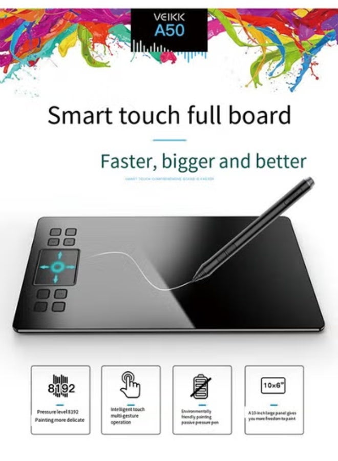 Veikk Drawing Tablet VEIKK A50 Graphics Pen Tablet 10x6 inch Active Area,with Smart Gesture Touch and 8 Express Keys,8192 Levels Battery Free Pen,Support Tilt Function Work for MAC Wins and Android/Linux - Image 5