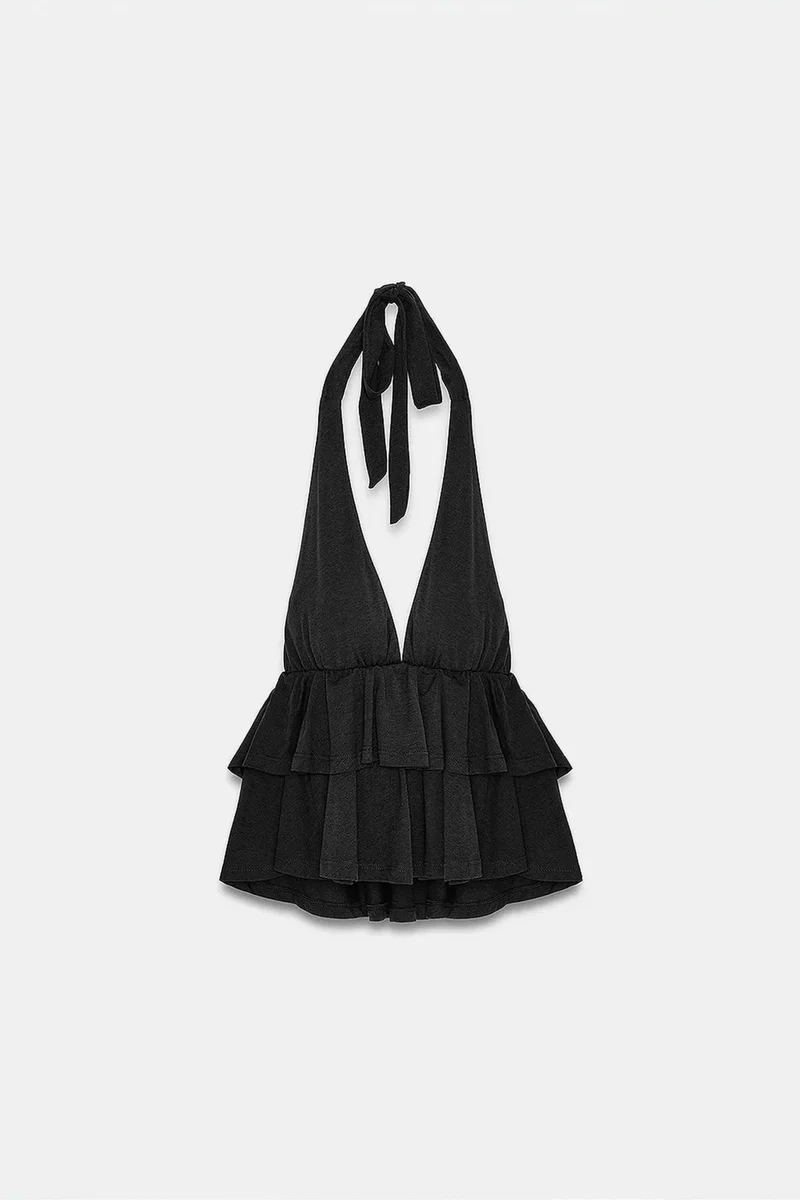 Dilvin Black DILVIN Halterneck Poplin Blouse With Ruffle Detail for Women | Best Price UAE