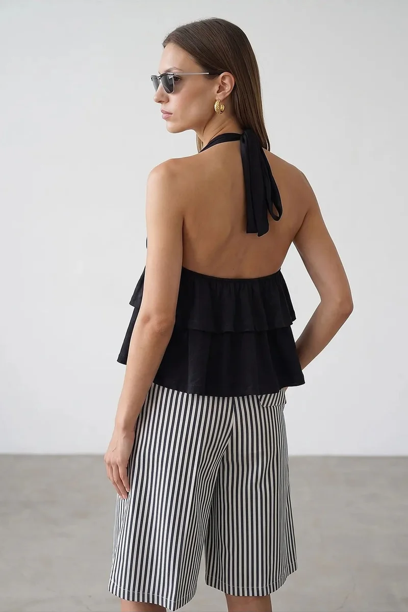 Dilvin Black DILVIN Halterneck Poplin Blouse With Ruffle Detail for Women | Best Price UAE