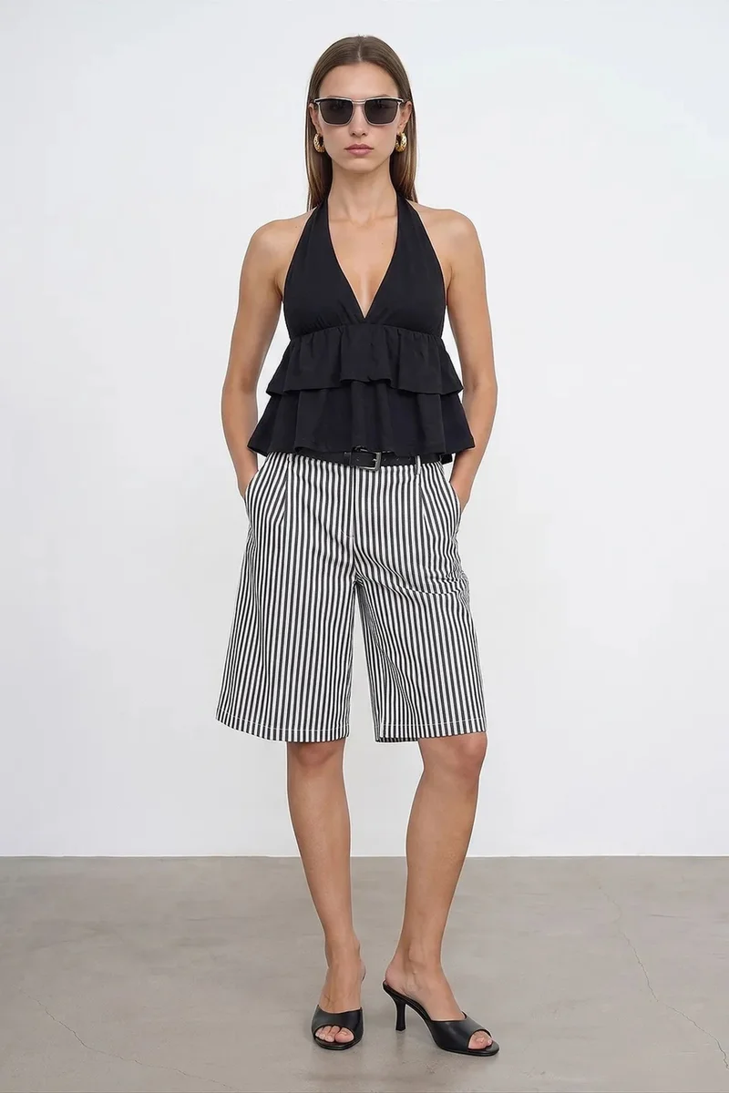 Dilvin Black DILVIN Halterneck Poplin Blouse With Ruffle Detail for Women | Best Price UAE