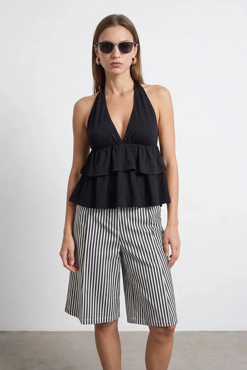 Dilvin Black DILVIN Halterneck Poplin Blouse With Ruffle Detail for Women | Best Price UAE