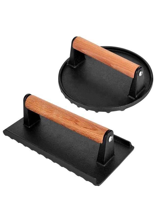 HOMESTAR Burger Press Set - 7" Round smash burger press & 8.3"x4.3" Rectangle Cast Iron Grill Press with Wooden Handle - Smasher is perfect for Blackstone Griddle, Pitboss Weber Griddle Grills - Image 1