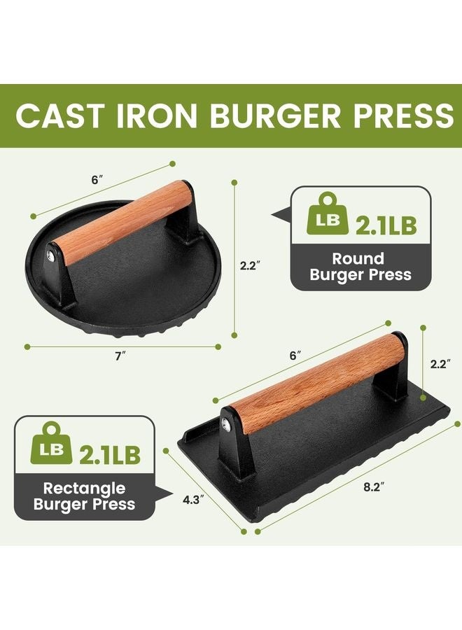 HOMESTAR Burger Press Set - 7" Round smash burger press & 8.3"x4.3" Rectangle Cast Iron Grill Press with Wooden Handle - Smasher is perfect for Blackstone Griddle, Pitboss Weber Griddle Grills - Image 2