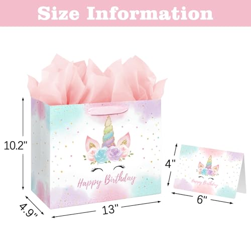 Laidans 13 Large Unicorn Birthday Gift Bag with Card and Tissue Paper for Baby Girls and Kids Birthday 13in Pink - Image 5