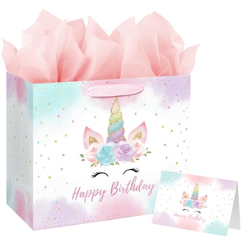 Laidans 13 Large Unicorn Birthday Gift Bag with Card and Tissue Paper for Baby Girls and Kids Birthday 13in Pink - Image 2