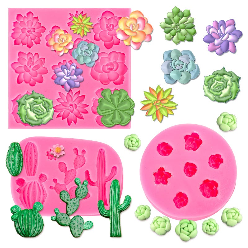 Whaline Succulent Fondant Molds 3D Silicone Cactus Succulents Leaves Moulds Succulent Plants Resin Molds Grow Plant Cupcake Cookie Baking Decorating Moulds for Summer Birthday Party DIY Candy3Pcs