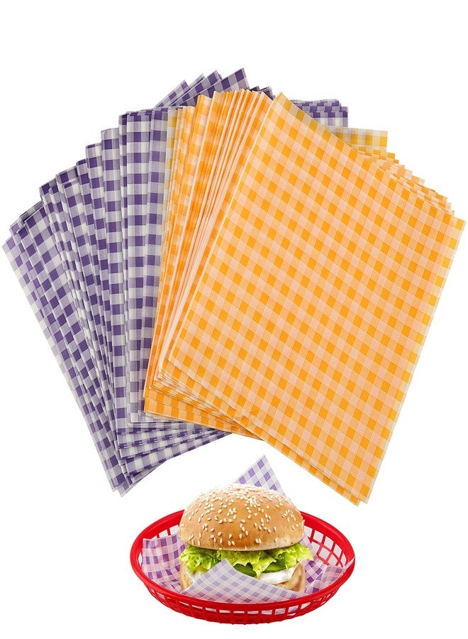 HOIGON 1000 Pcs 7 x 7 Inch Wax Paper Sheets, Greaseproof Parchment Sheets Deli Paper Wrappers, Yellow and Purple Checkered Food Basket Liners for Sandwich Hamburger Bread - Image 1