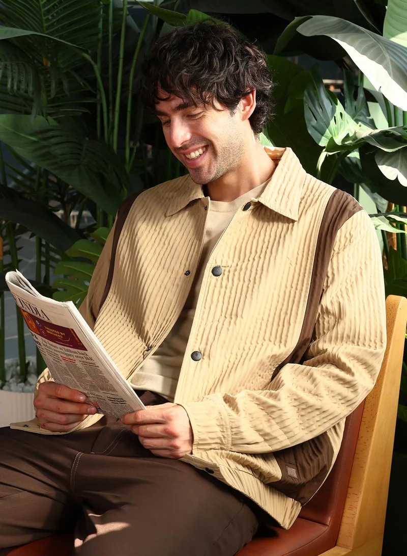 Campus Sutra Men Panelled Crease-Tactile Jacket | Point Collar, Long Button-Cuff Sleeves | Snap Button , Stretch-Straight Hem | Colourblock Textured | Woven Fabric For Casual & Daily Wear | Camel Beige & Chocolate Brown