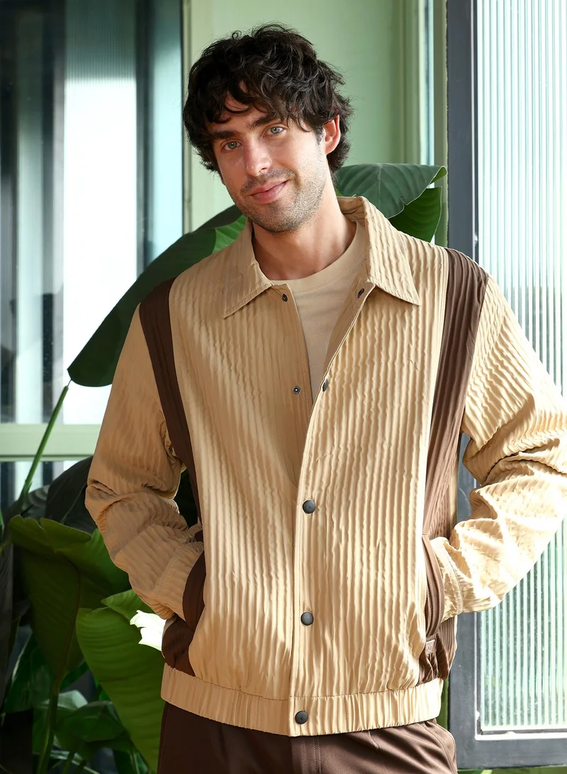 Campus Sutra Men Panelled Crease-Tactile Jacket | Point Collar, Long Button-Cuff Sleeves | Snap Button , Stretch-Straight Hem | Colourblock Textured | Woven Fabric For Casual & Daily Wear | Camel Beige & Chocolate Brown
