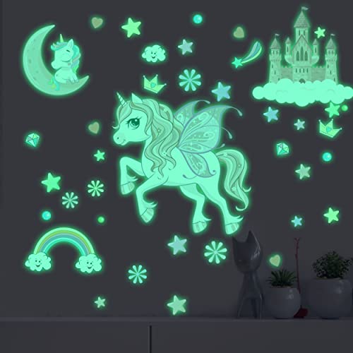 Glow in The Dark Stars Unicorn Wall Decals  Castle Moon Rainbow Stickers for Ceiling  DIY Unicorn Wall Decor for Nursery Girls Playroom  Kids Christmas Birthday Party Decoration