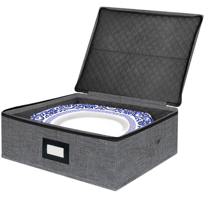 PLATTER STORAGE CASE STACKABLE CHINA STORAGE CONTAINERS HARD SHELL WITH DURABLE ZIPPER LABEL STURDY HANDLES 53 HEIGHT STRUCTURED TOP 4 FELT DIVIDERS INCLUDED DARK GRAY