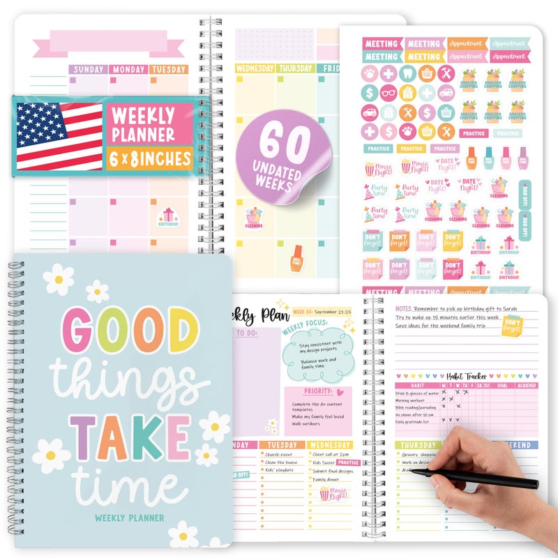 Hadley Designs Undated Planner Weekly and Monthly - Spiral Undated Weekly Planner for Kids & Adults, Week Planners Habit Tracker, Goal Planners Notebook for Work, Agenda Planning Notebook - Image 1