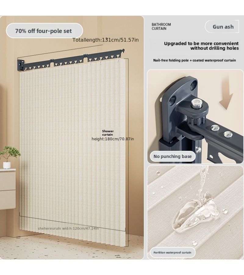 Foldable Shower Curtain Rod Four Folds Wall Mounted Suitable For Partitions Includes Complete Set Of Shower Curtains - Image 3