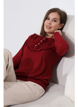 Poem Negro Women's Grandad Collar Ruffle Detail Ribbed Buttoned Knitted Jacquard Flexible Combed Cotton Long Sleeve Blouse & Hijab Blouse