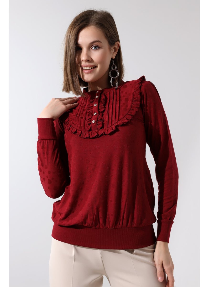 Şiir - Poem Negro Women's Grandad Collar Ruffle Detail Ribbed Buttoned Knitted Jacquard Flexible Combed Cotton Long Sleeve Blouse & Hijab Blouse - Image 1