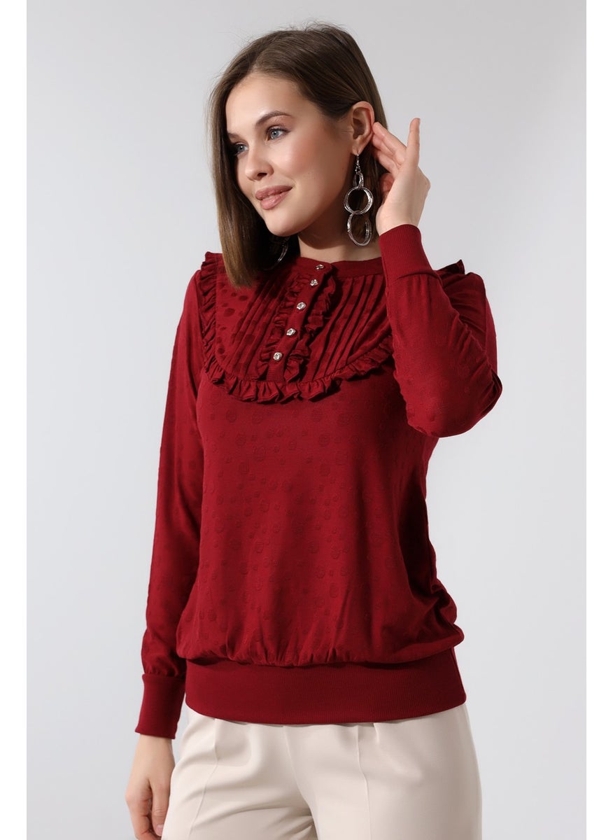 Şiir - Poem Negro Women's Grandad Collar Ruffle Detail Ribbed Buttoned Knitted Jacquard Flexible Combed Cotton Long Sleeve Blouse & Hijab Blouse - Image 1