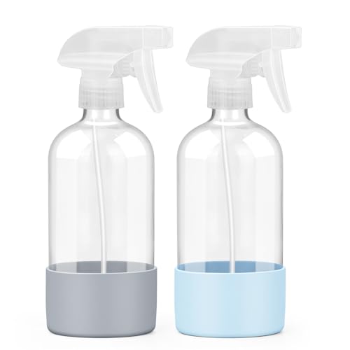 Worldgsb 2 Pack Glass Spray Bottles with Silicone Sleeve, 16 oz Empty Refillable Containers with Adjustable Spray Nozzles, Spray Bottles for Hair, Cleaning Solutions and Plants Blue&Grey - Image 1