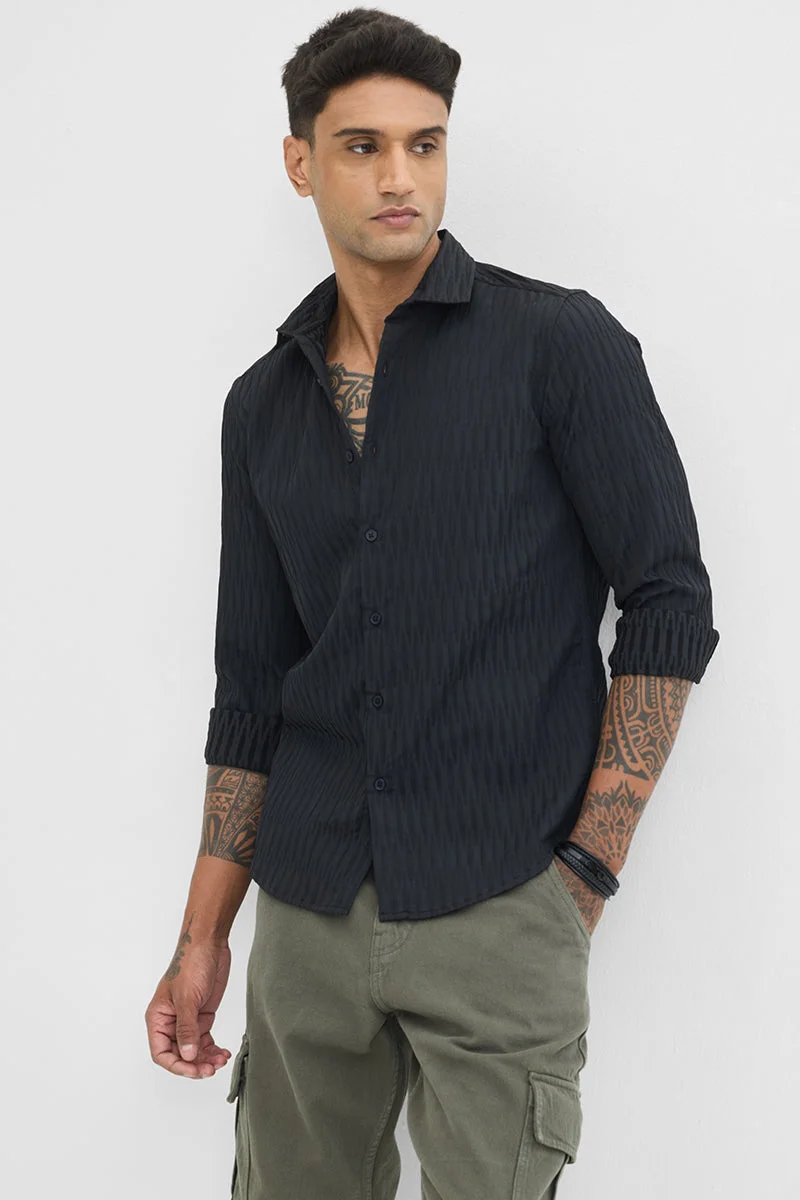 SNITCH Black Textured Long Sleeve Slim Fit Casual Shirt