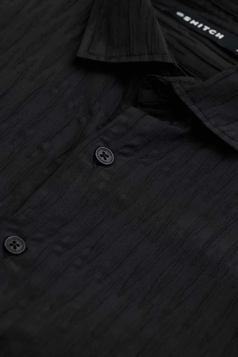 SNITCH Black Textured Long Sleeve Slim Fit Casual Shirt