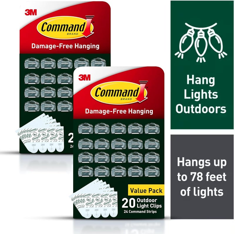 Command Outdoor Light Clips, 40 Clear and 48 Strips, Damage Free Hanging with Weather Resistant Strips, Wall Clips for Hanging Outdoor Lights and Cable Management - Image 2
