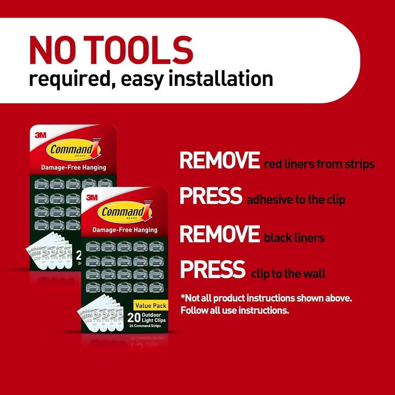 Command Outdoor Light Clips, 40 Clear and 48 Strips, Damage Free Hanging with Weather Resistant Strips, Wall Clips for Hanging Outdoor Lights and Cable Management - Image 4