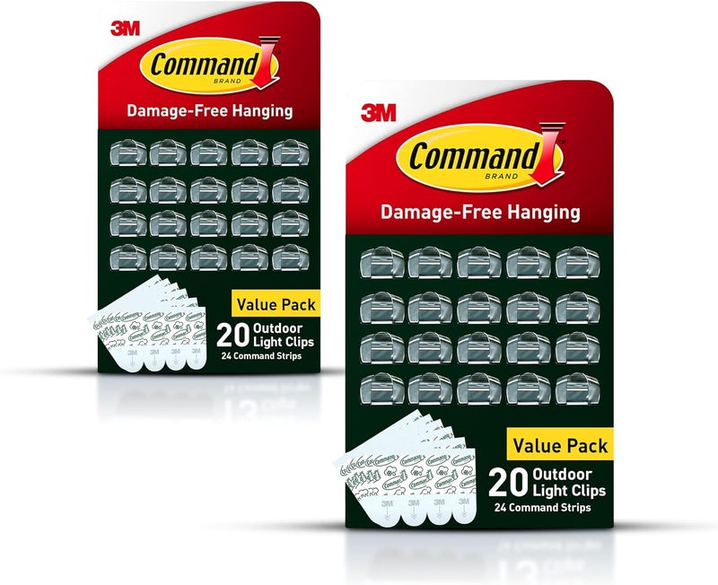 Command Outdoor Light Clips, 40 Clear and 48 Strips, Damage Free Hanging with Weather Resistant Strips, Wall Clips for Hanging Outdoor Lights and Cable Management - Image 1