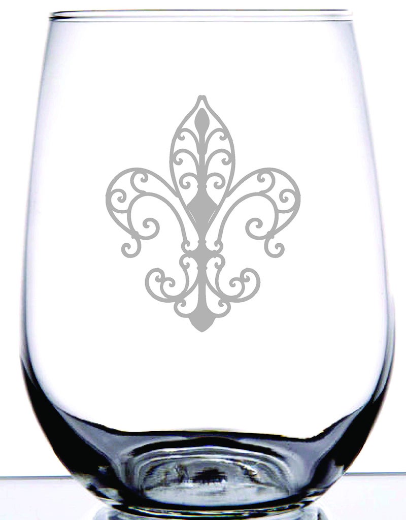 IE Laserware Fleur De Lis Design Precision Laser Etched Permanently Melts the Design Into the Glass Creating a Frosted Appearance on This15 Ounce Clear Stemless Wine Glass