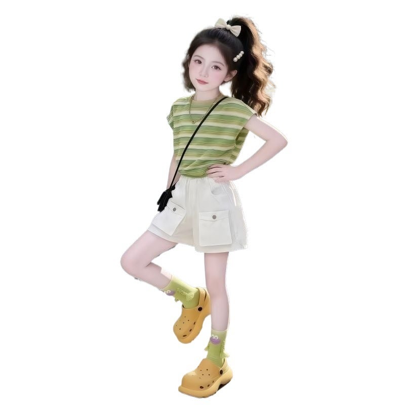 Girls'' Summer Outfit New Style Children''s Loose-Fitting Korean-Style Short-Sleeve Fashionable Workwear Shorts Two-Piece Set - Image 5