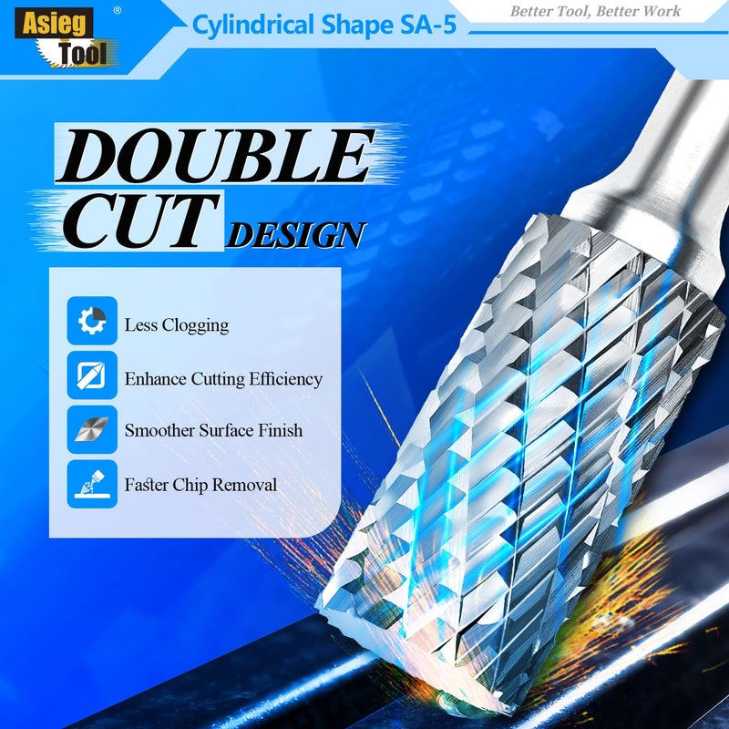 Asieg Tool SA-5 Tungsten Carbide Burr Rotary File Cylindrical Shape Double Cut for Die Grinder Drill Bits 1/4'' Inch Diameter of Shank and 1/2'' Inch Diameter of Cutter 1'' Inch Cutter Length - 5Pcs - Image 4